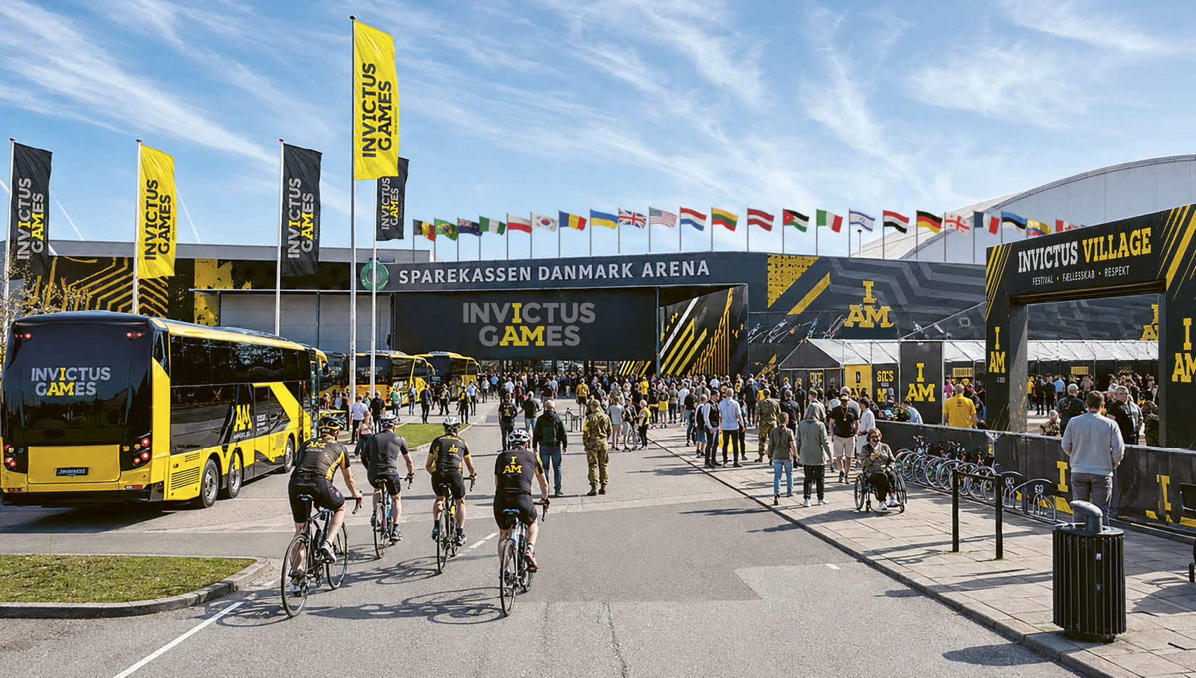 A group of people riding bikes in front of a building. Description generated by AI