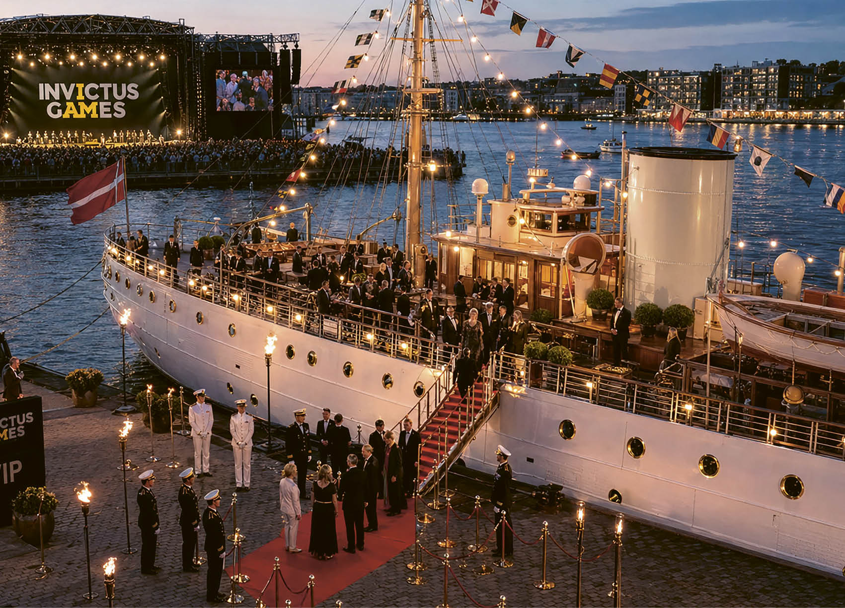 A large white boat with red accents. Description generated by AI